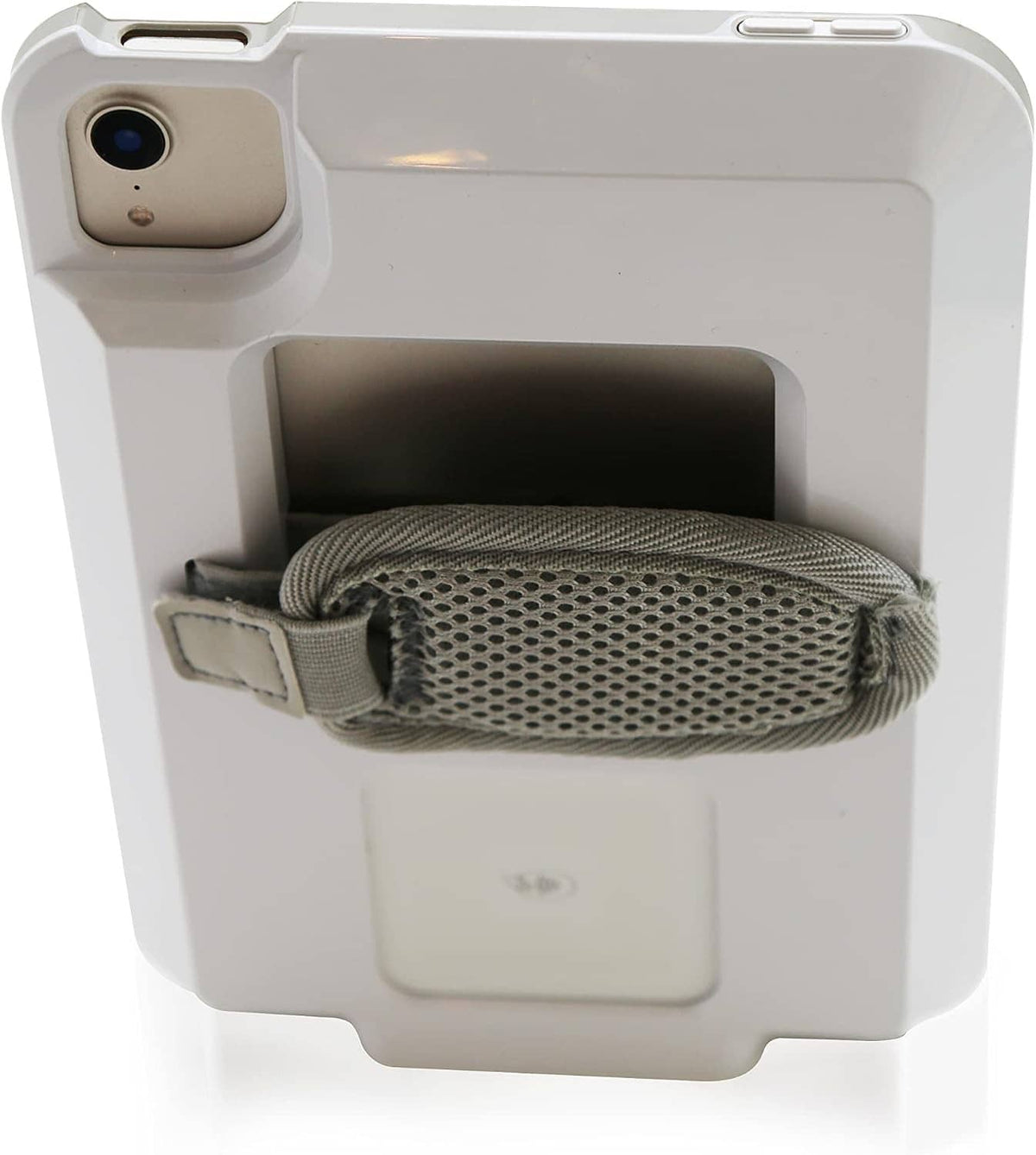 White iPad mini case with gray mesh strap and front charging dock opening