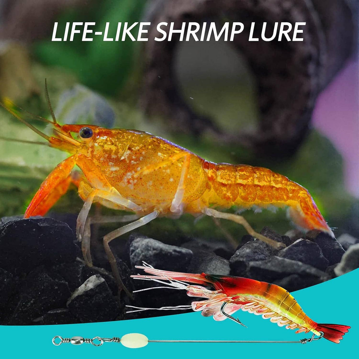 Life-like orange shrimp lure bait with long antenna tail and treble hook