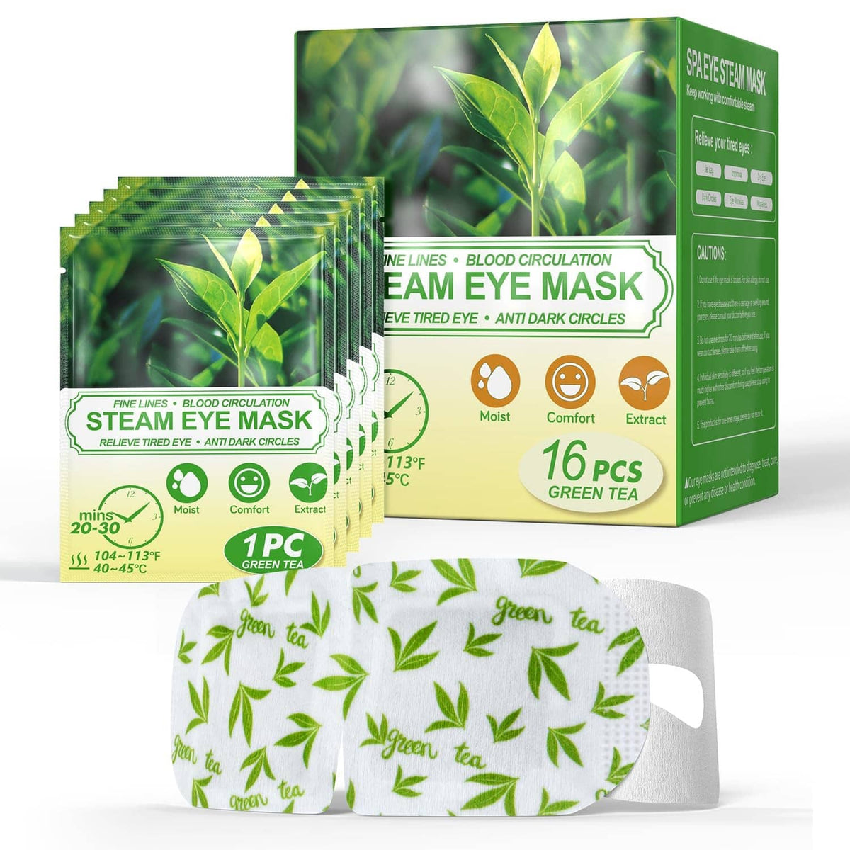 Green tea steam eye mask pack with 16 disposable eye pads, white leaf-patterned