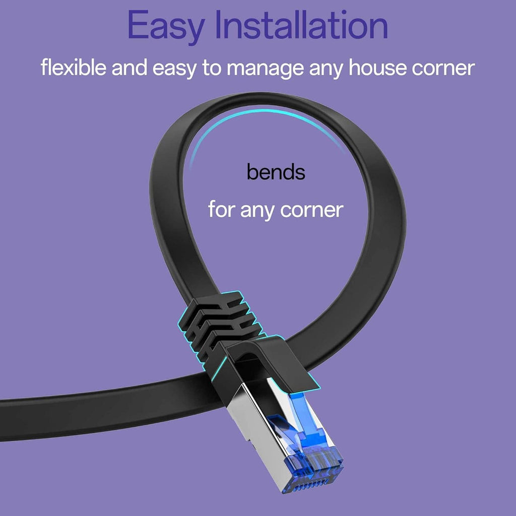 Flexible flat Cat8 Ethernet cable with RJ45 plug, shown bending around a corner