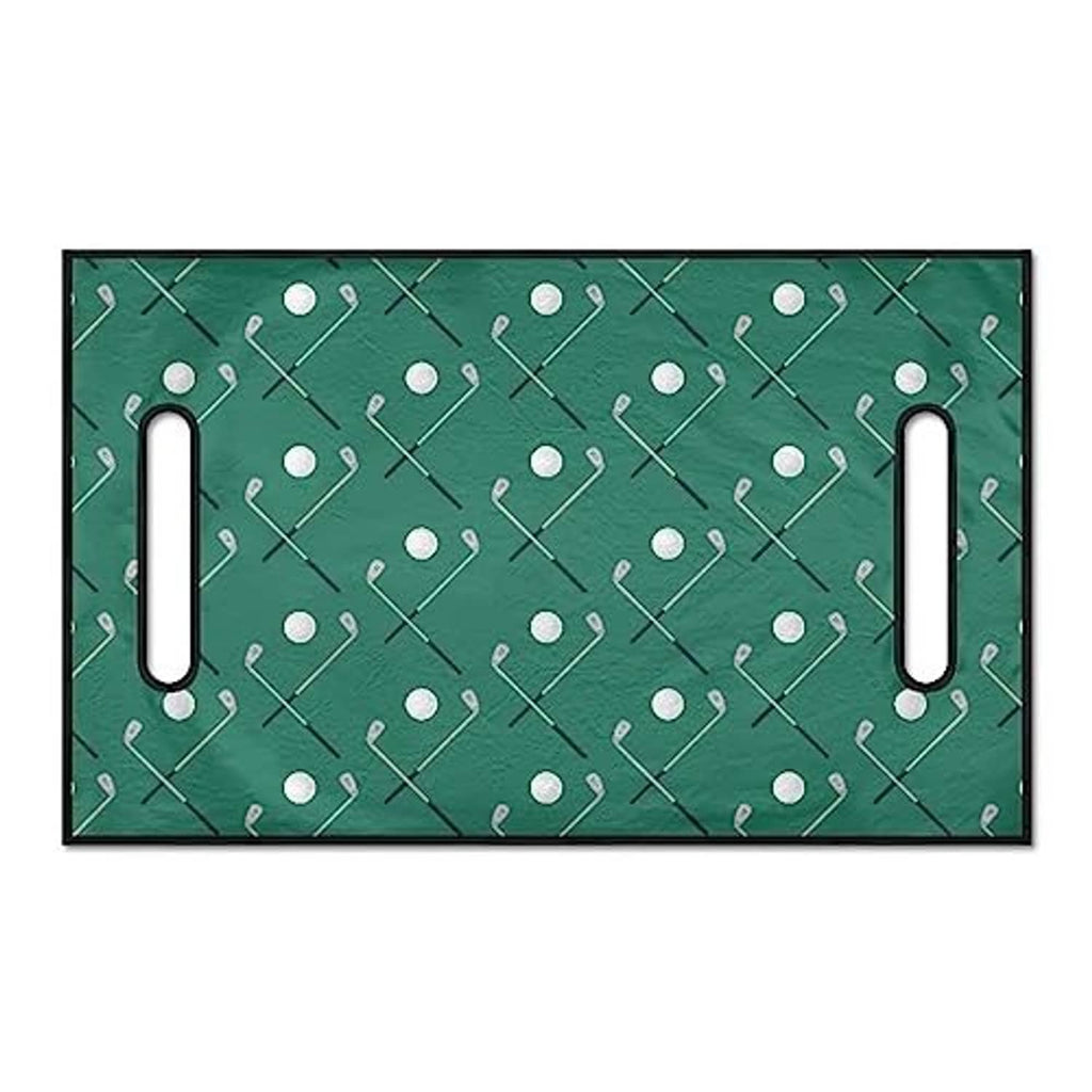 Green golf cart seat towel with white club pattern and two side handle cutouts