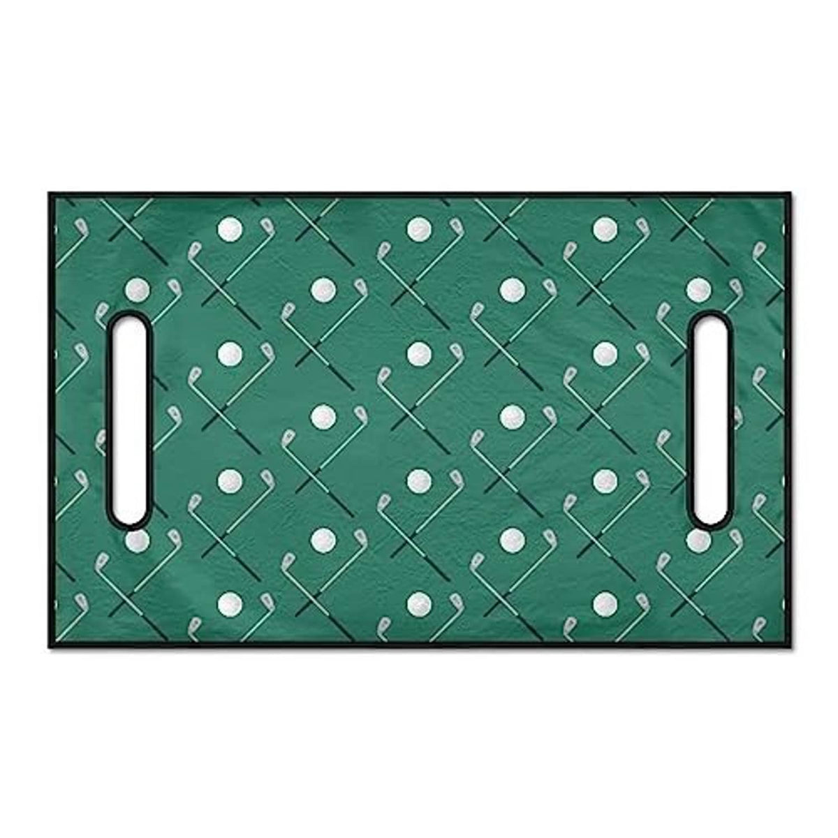 Green golf cart seat towel with white club pattern and two side handle cutouts