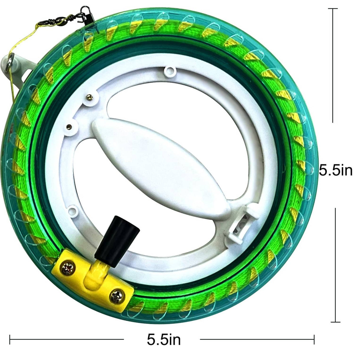 Green and silver kite reel spool with handle and black line clip, 5.5 in
