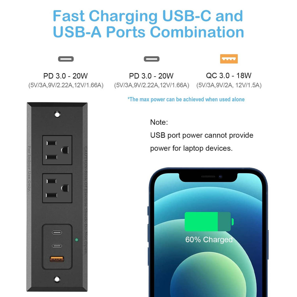 Recessed power strip with two AC outlets, USB-C and USB-A ports, black body with LED