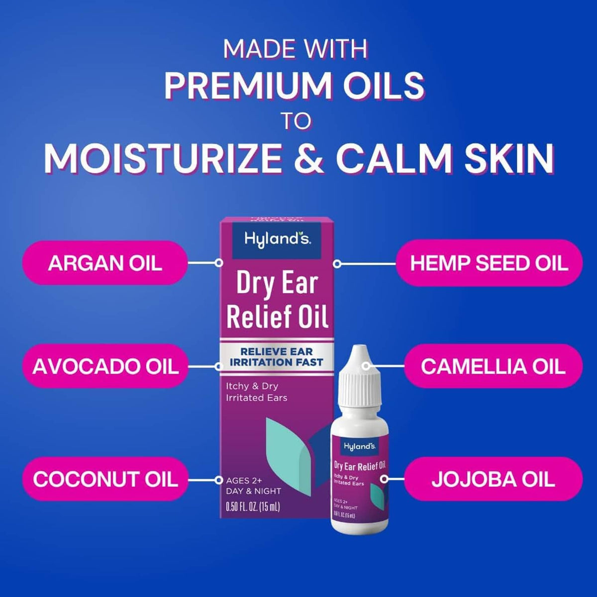 Ear relief oil box and bottle on blue graphic listing premium oils