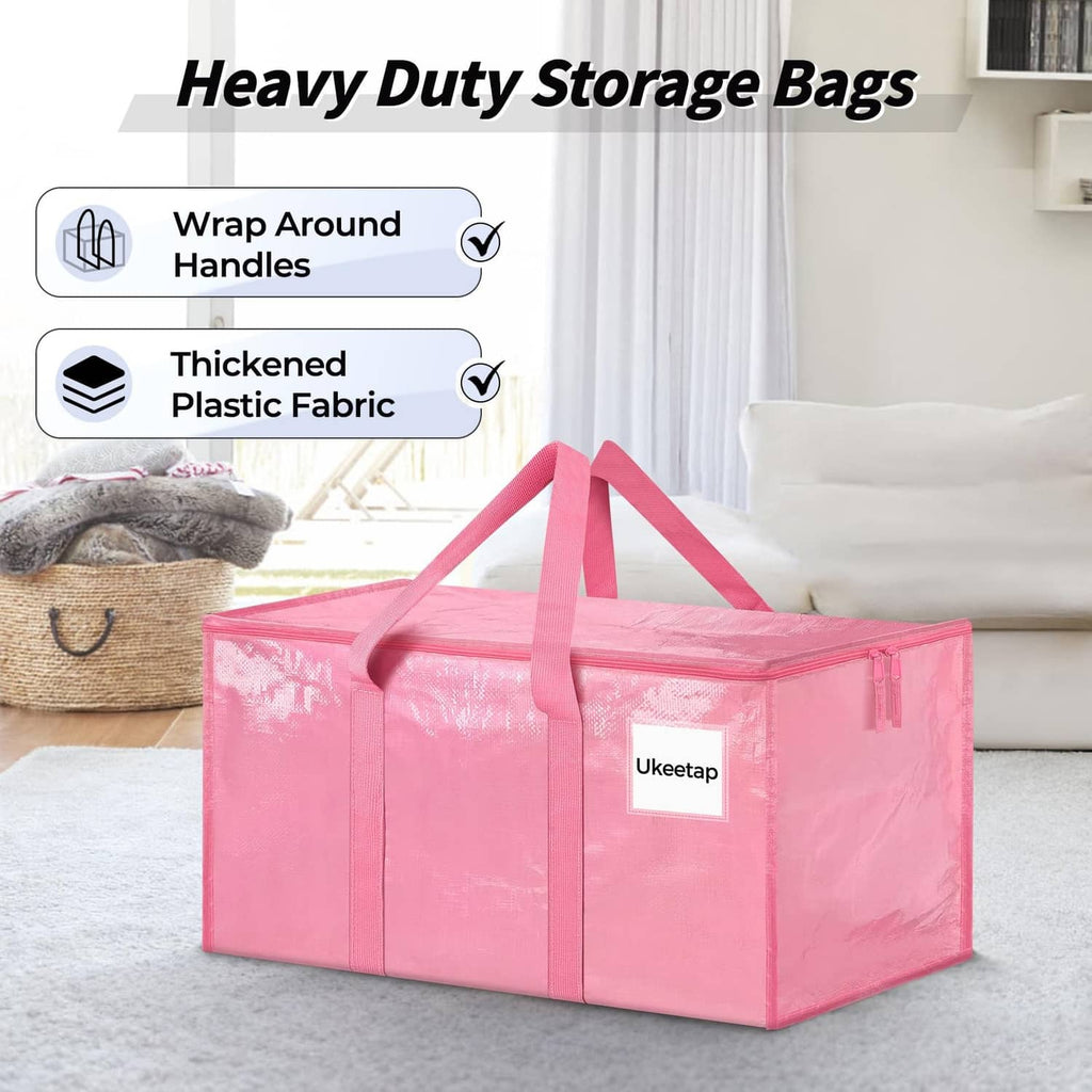 Pink foldable storage bin bag with handles and label pocket, ready to carry
