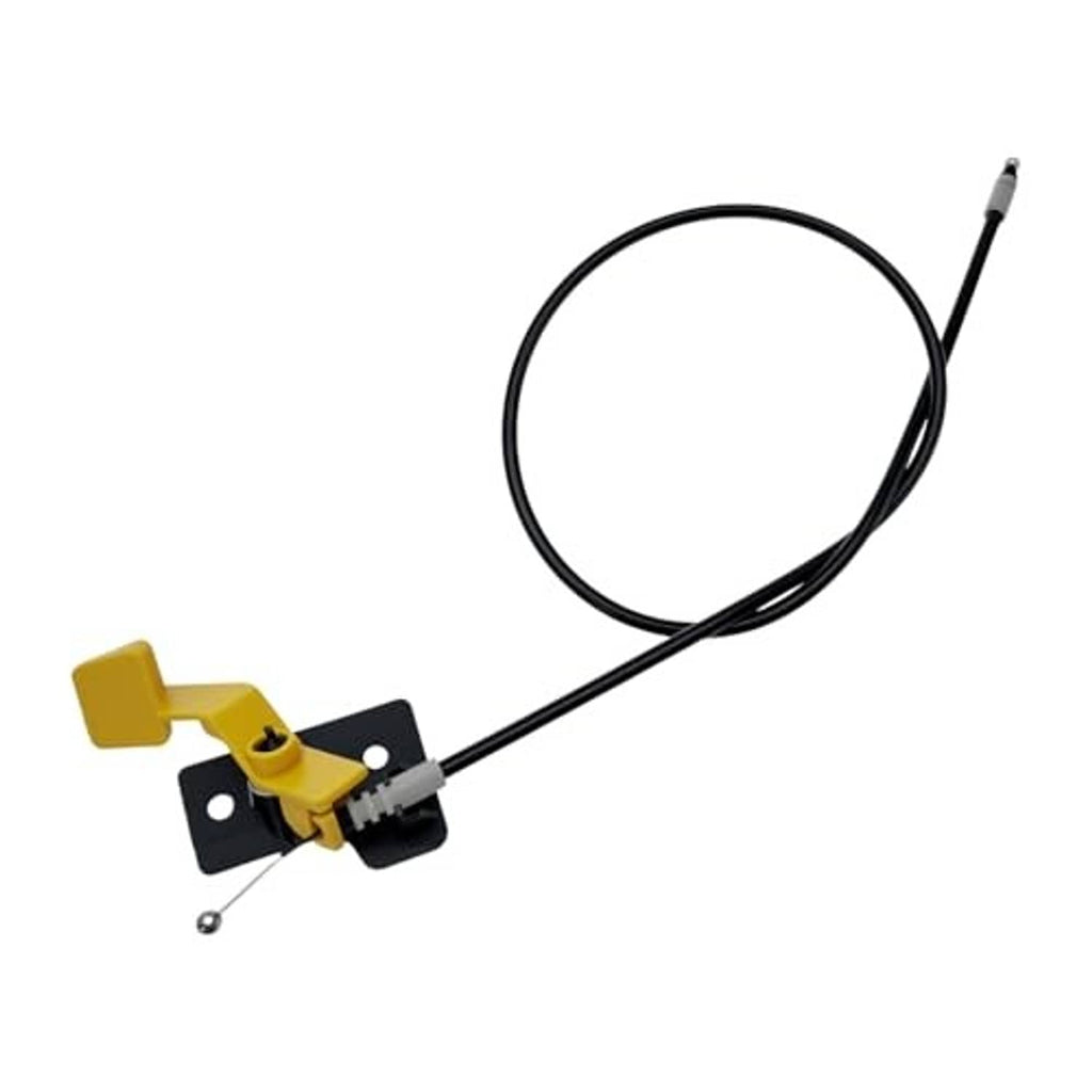 Hood latch release cable with yellow handle, black wiring, and metal ball pin