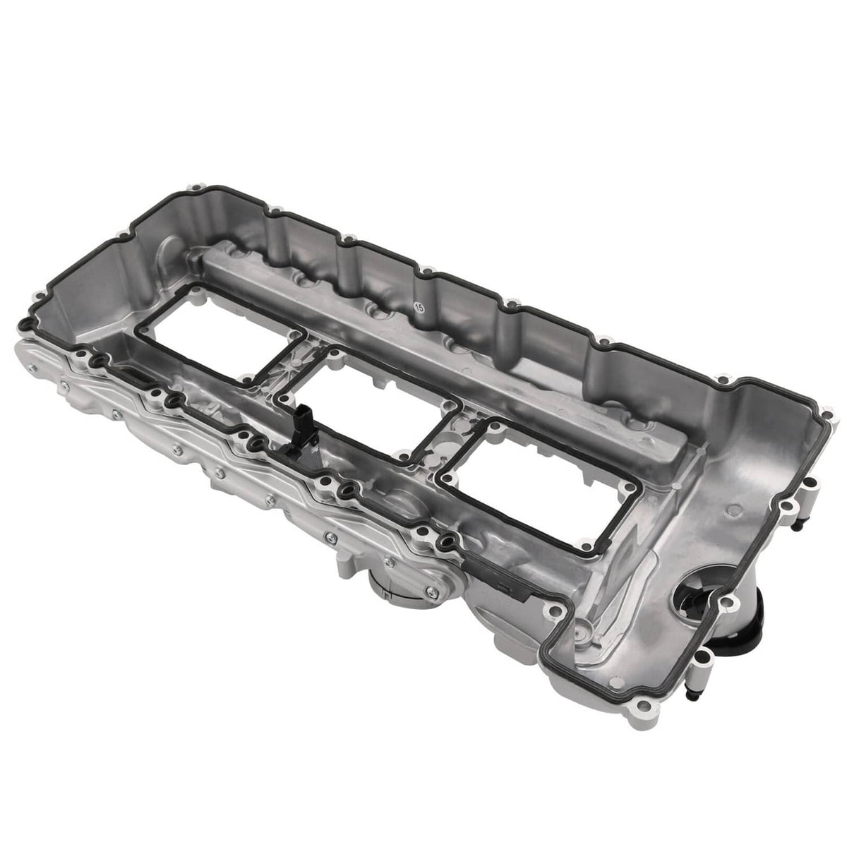 Light gray aluminum valve cover with two rectangular cutouts and oil cap