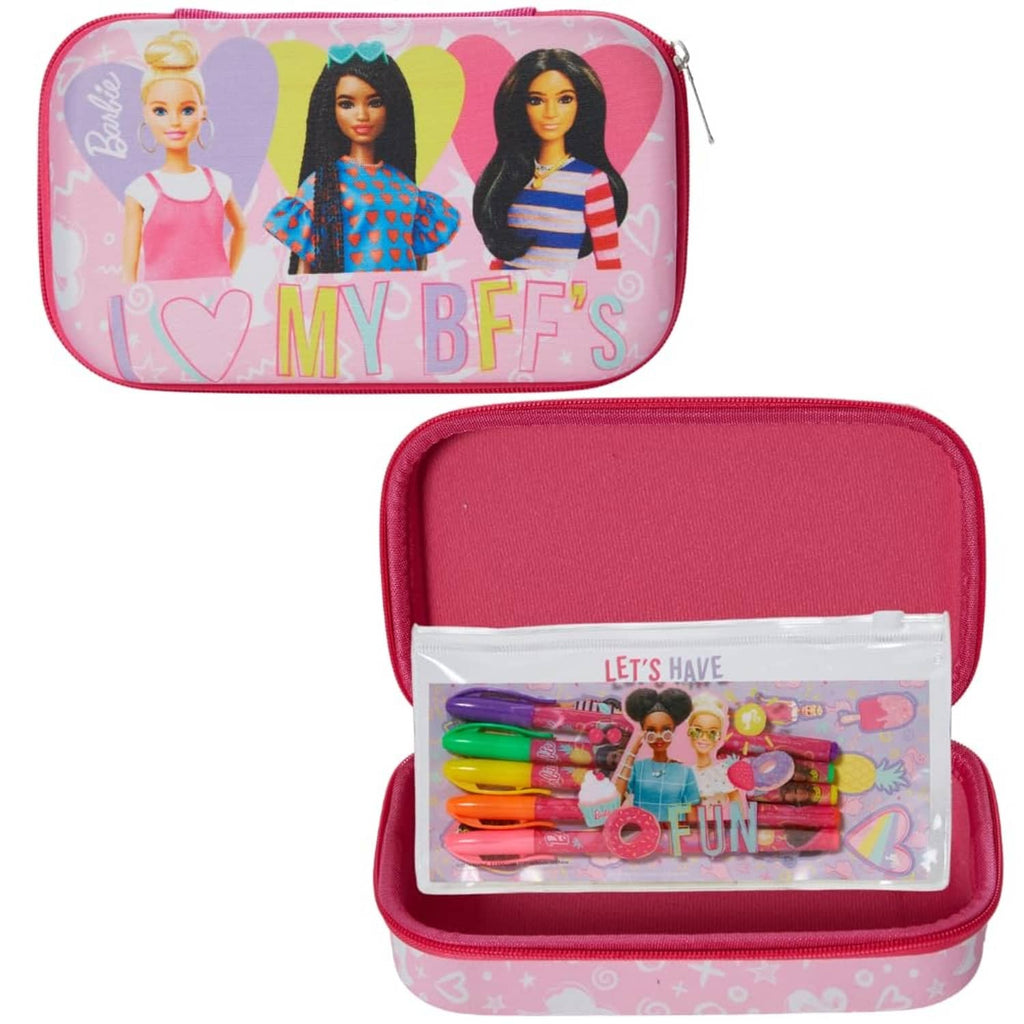 Pink pencil case with red zipper trim and colorful Barbie-style character print on front