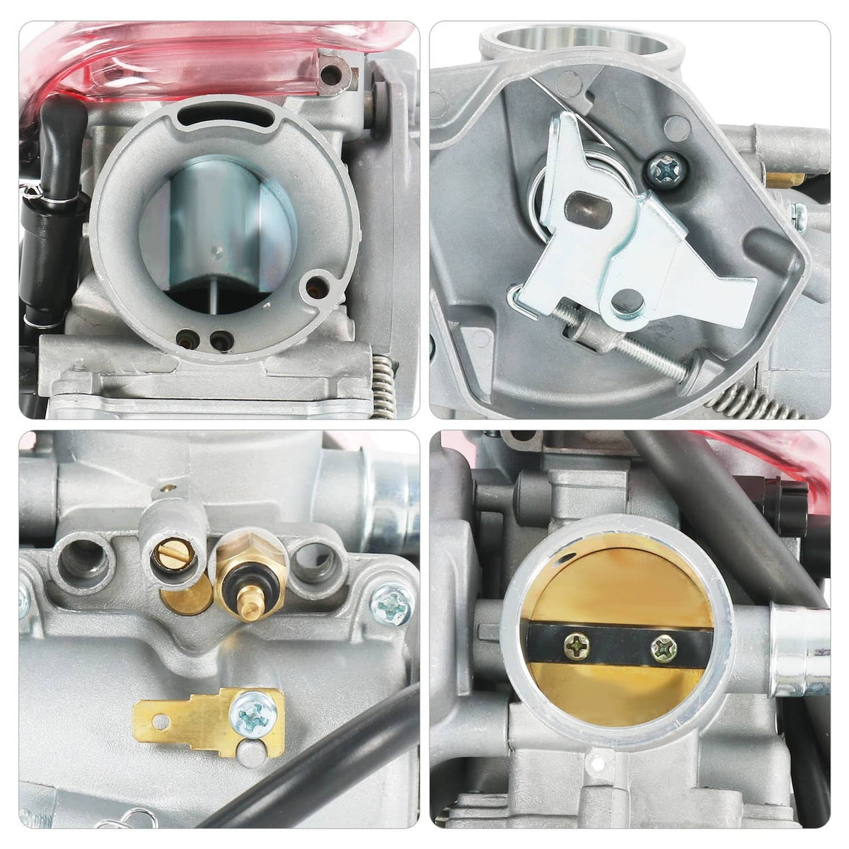 Carburetor close-up set showing throttle body, ports, and adjustment screws.