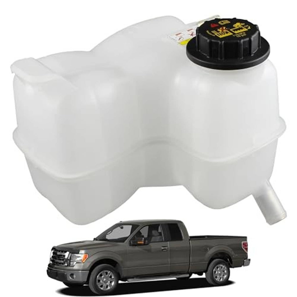 White coolant overflow reservoir tank with black cap and long side hose outlet