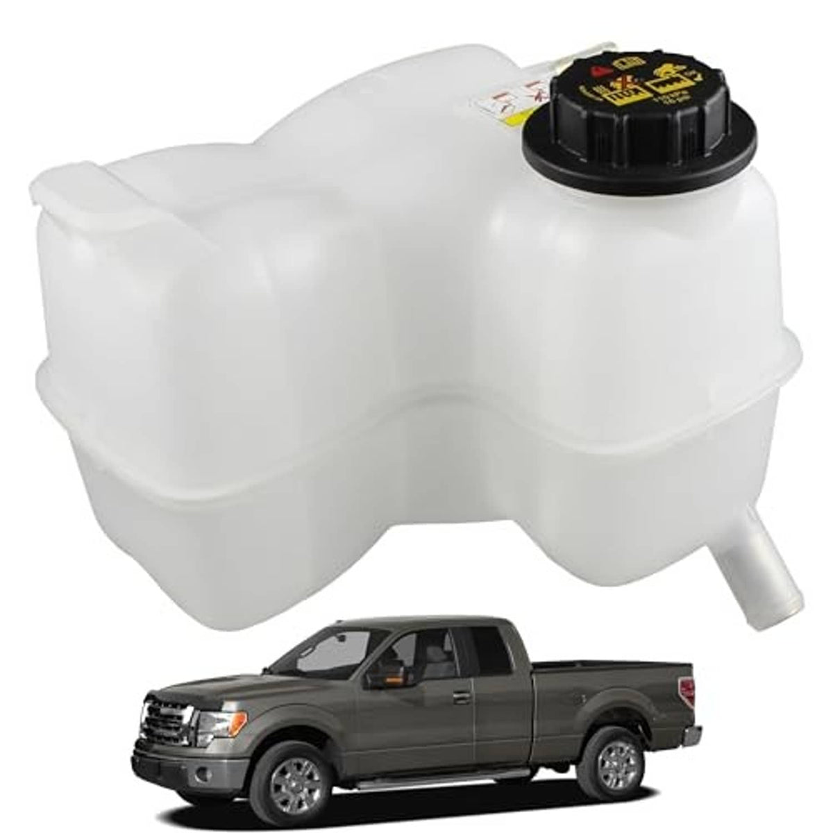 White coolant overflow reservoir tank with black cap and long side hose outlet