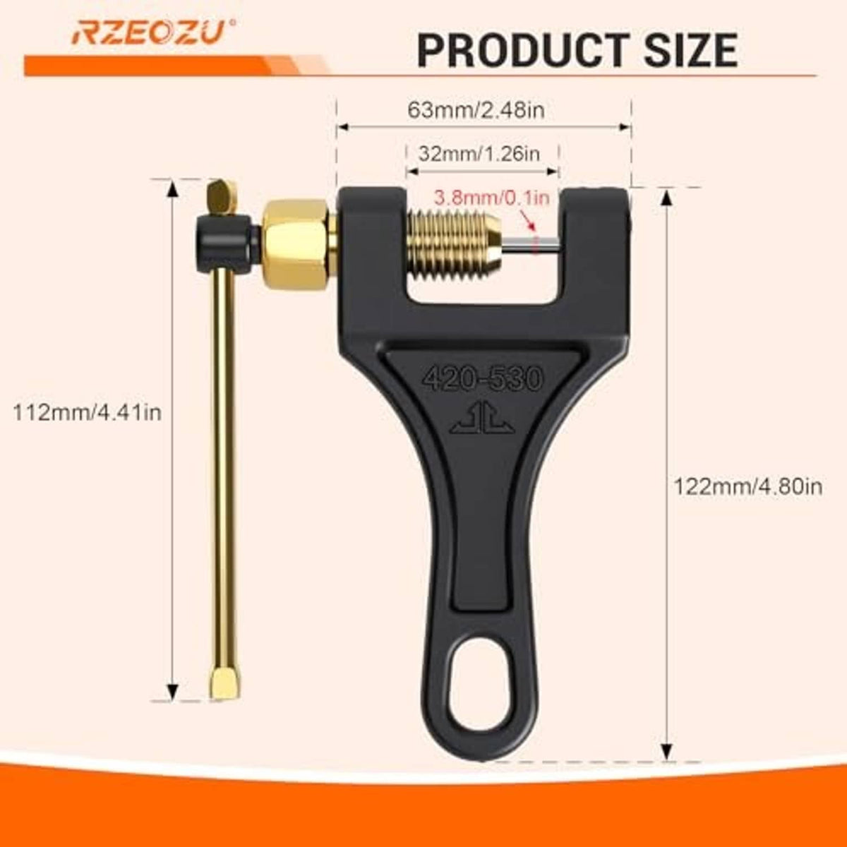 Chain breaker tool product size diagram with labeled overall and handle measurements