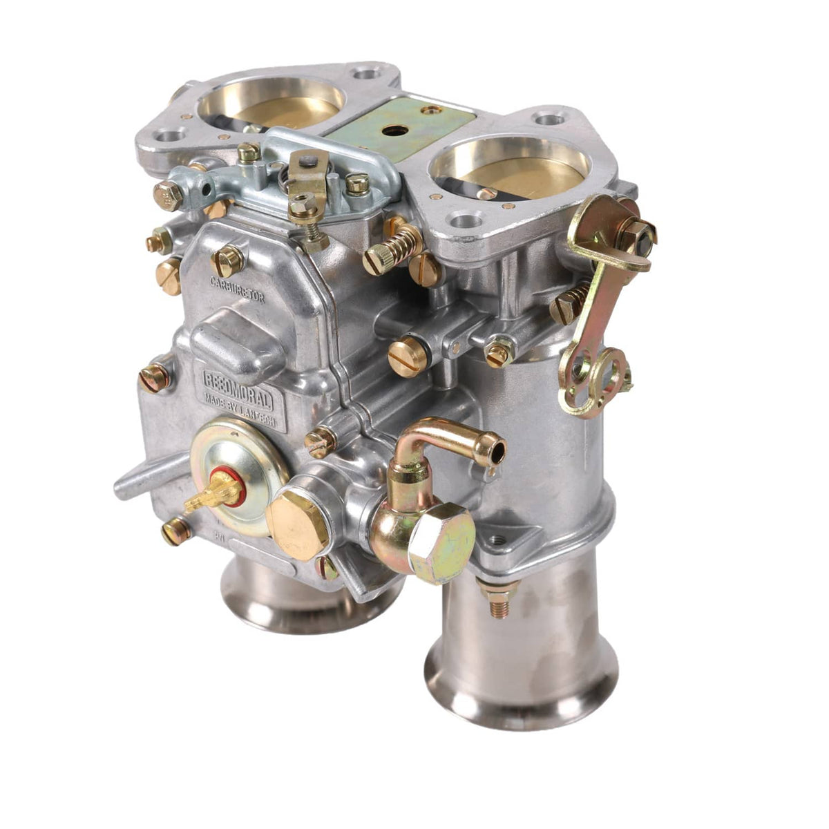 Metal twin-choke carburetor assembly with air horn and side fittings
