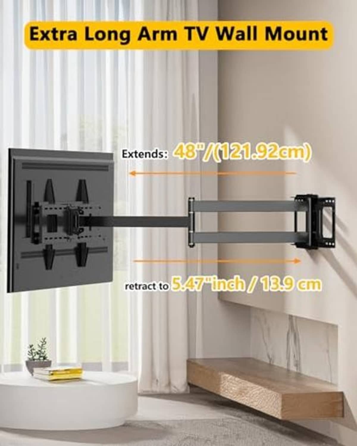 Extra long arm full motion TV wall mount with extend and retract mechanism, black