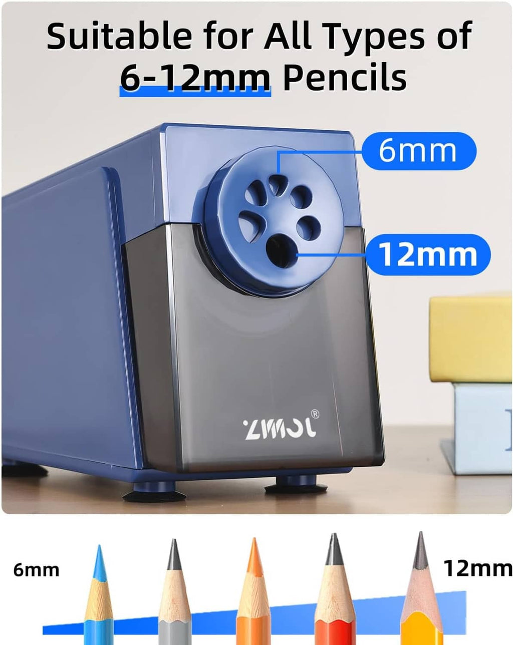 Blue pencil sharpener with 6-hole opening and black cutting chamber