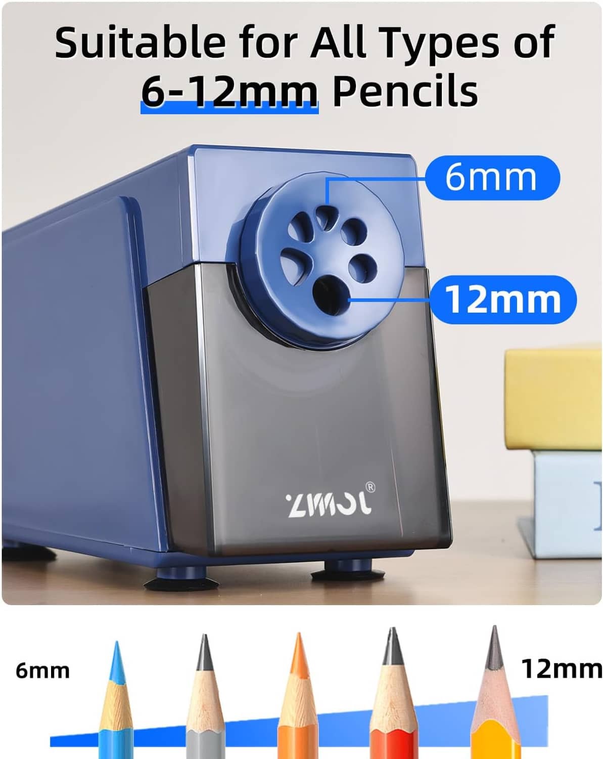 Blue pencil sharpener with 6-hole opening and black cutting chamber