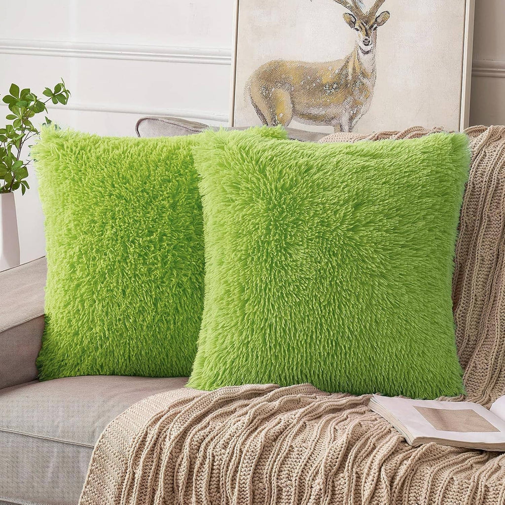 Set of green faux fur throw pillow covers, square with fluffy shag texture