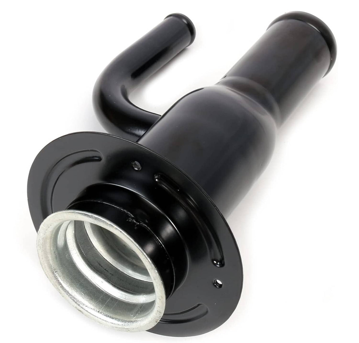 Fuel tank filler neck pipe, black with circular flange and polished metal inlet