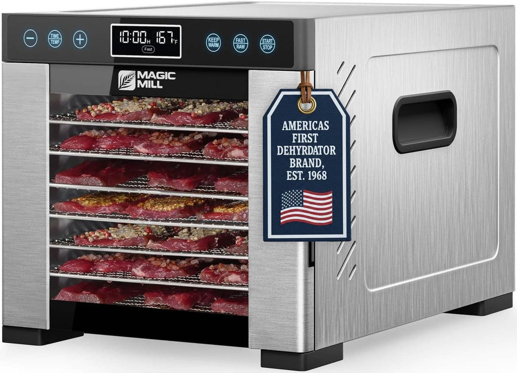 Stainless steel food dehydrator showing loaded trays through open front window