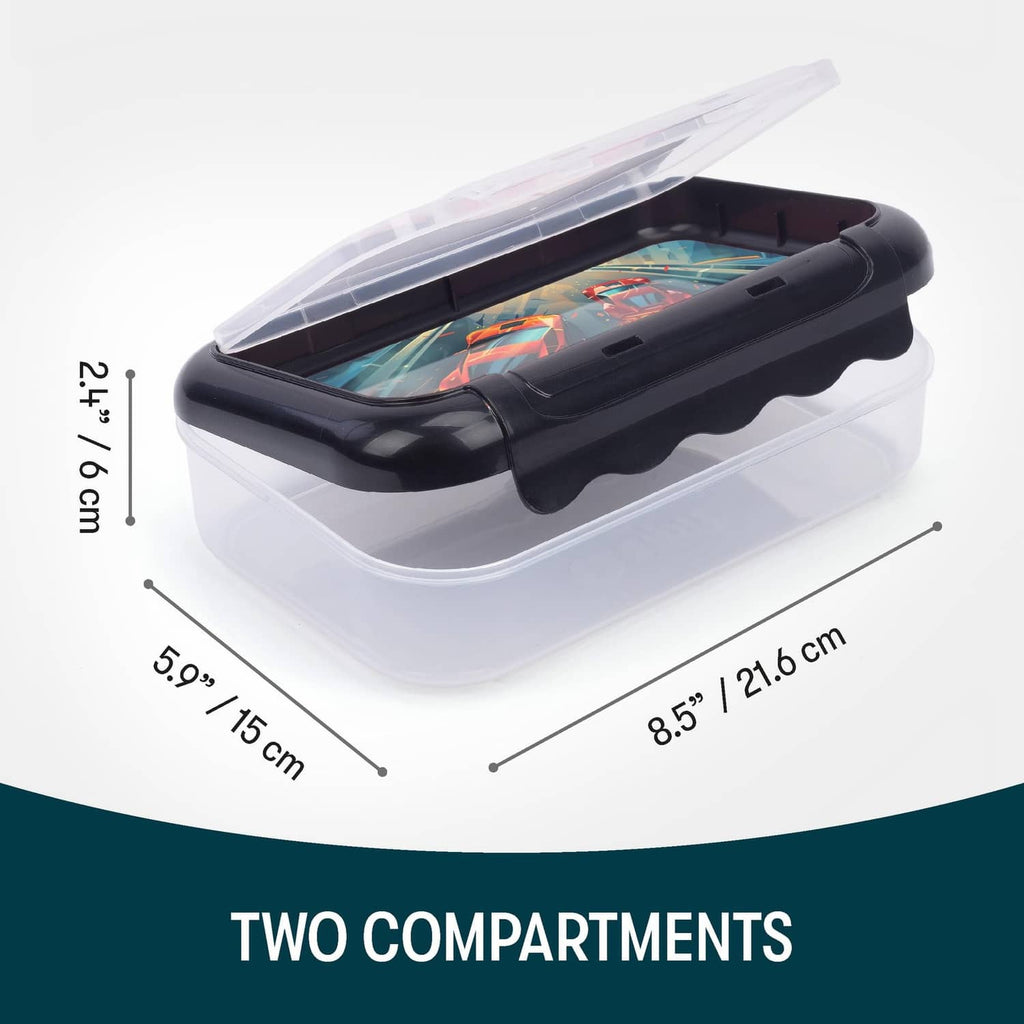 Large two-compartment pencil box with black lid over clear base, car print.