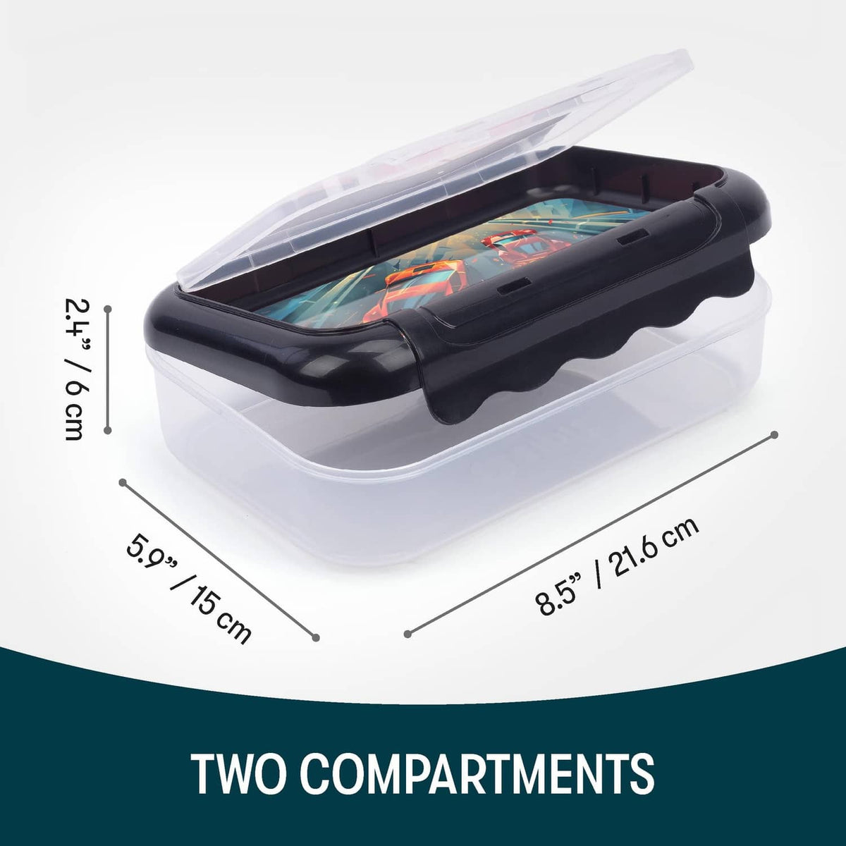 Large two-compartment pencil box with black lid over clear base, car print.