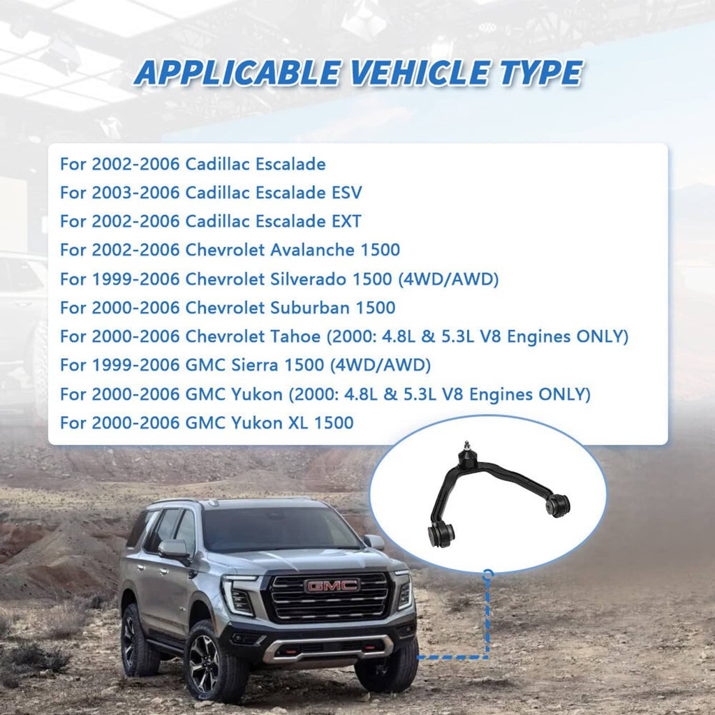 Suspension control arm and tie rod set shown beside an SUV with part silhouette