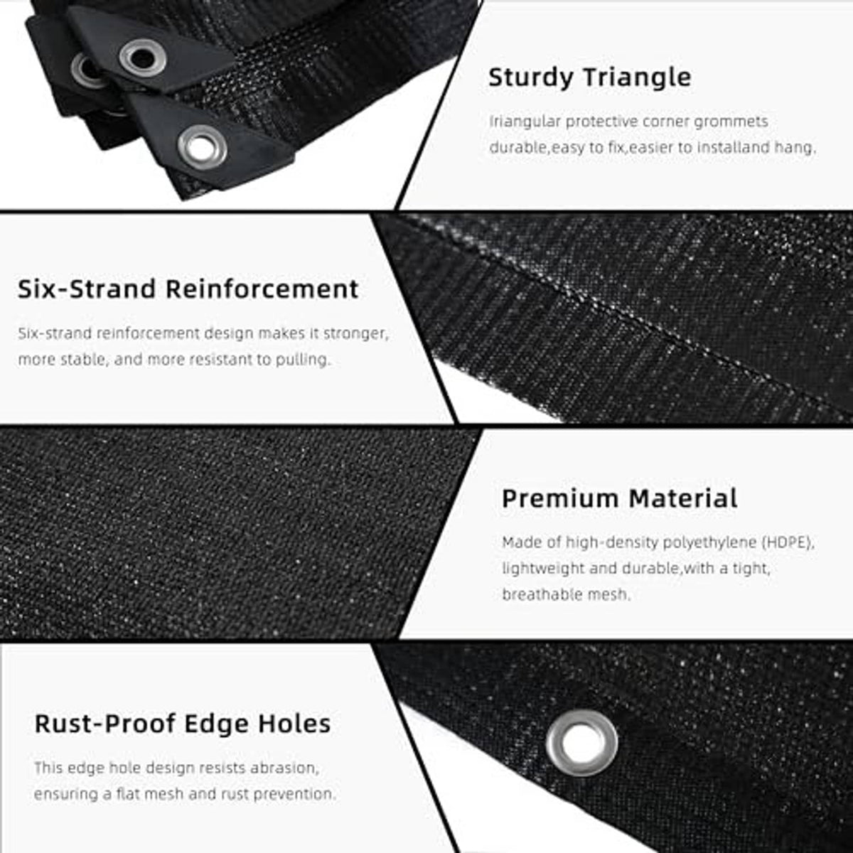 Black shade cloth corner with reinforced triangle grommet and eyelet