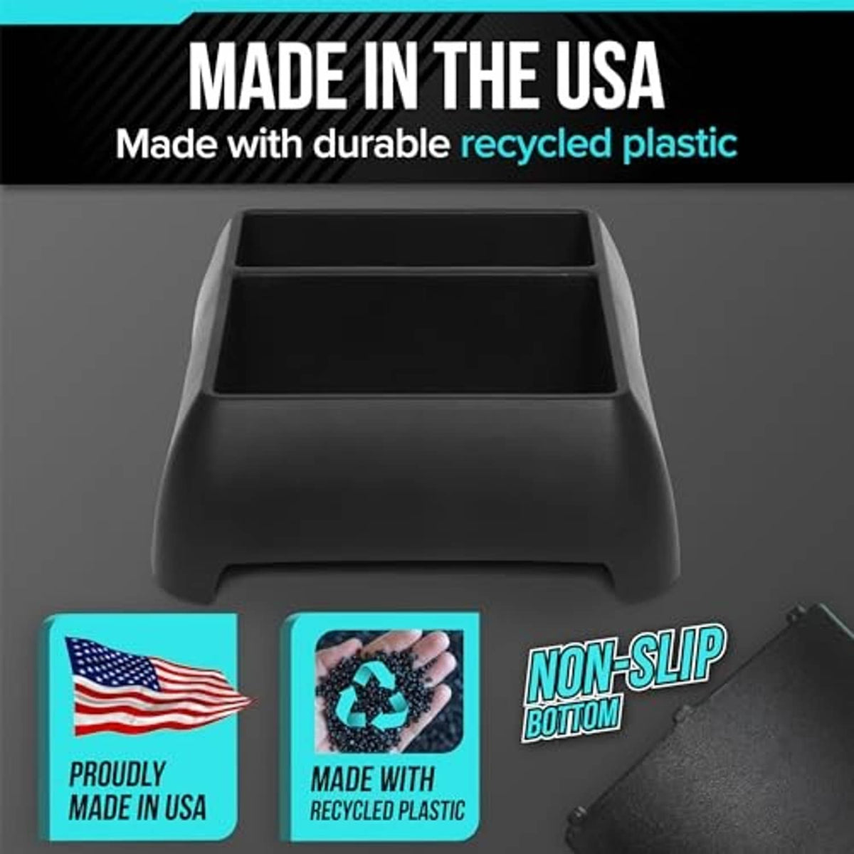 Black open-top storage organizer bin with non-slip bottom texture