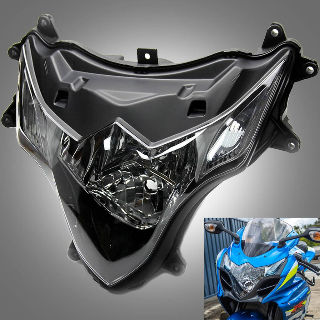 Motorcycle headlight assembly front view with clear lens and black mounting tabs