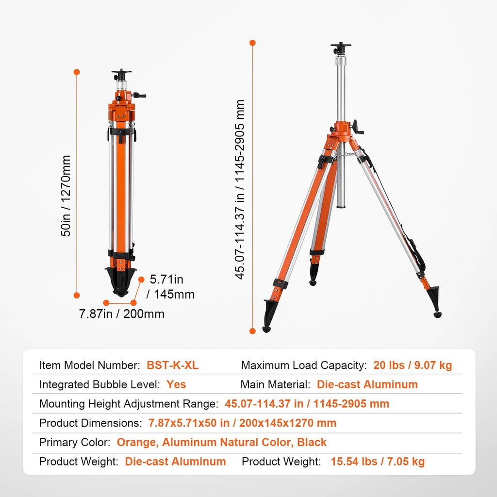 Orange aluminum laser level tripod stand with adjustable height column and bubble level