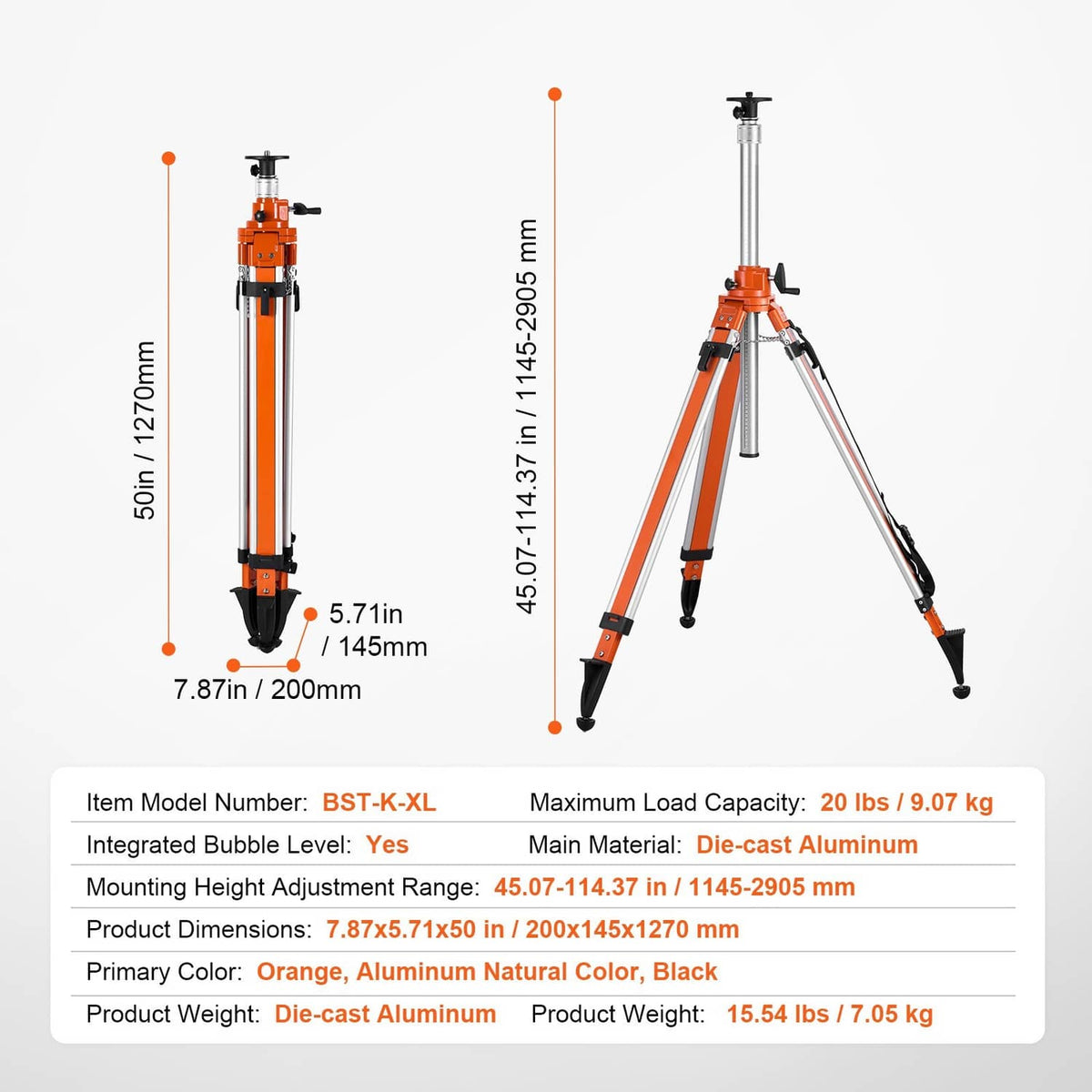Orange aluminum laser level tripod stand with adjustable height column and bubble level
