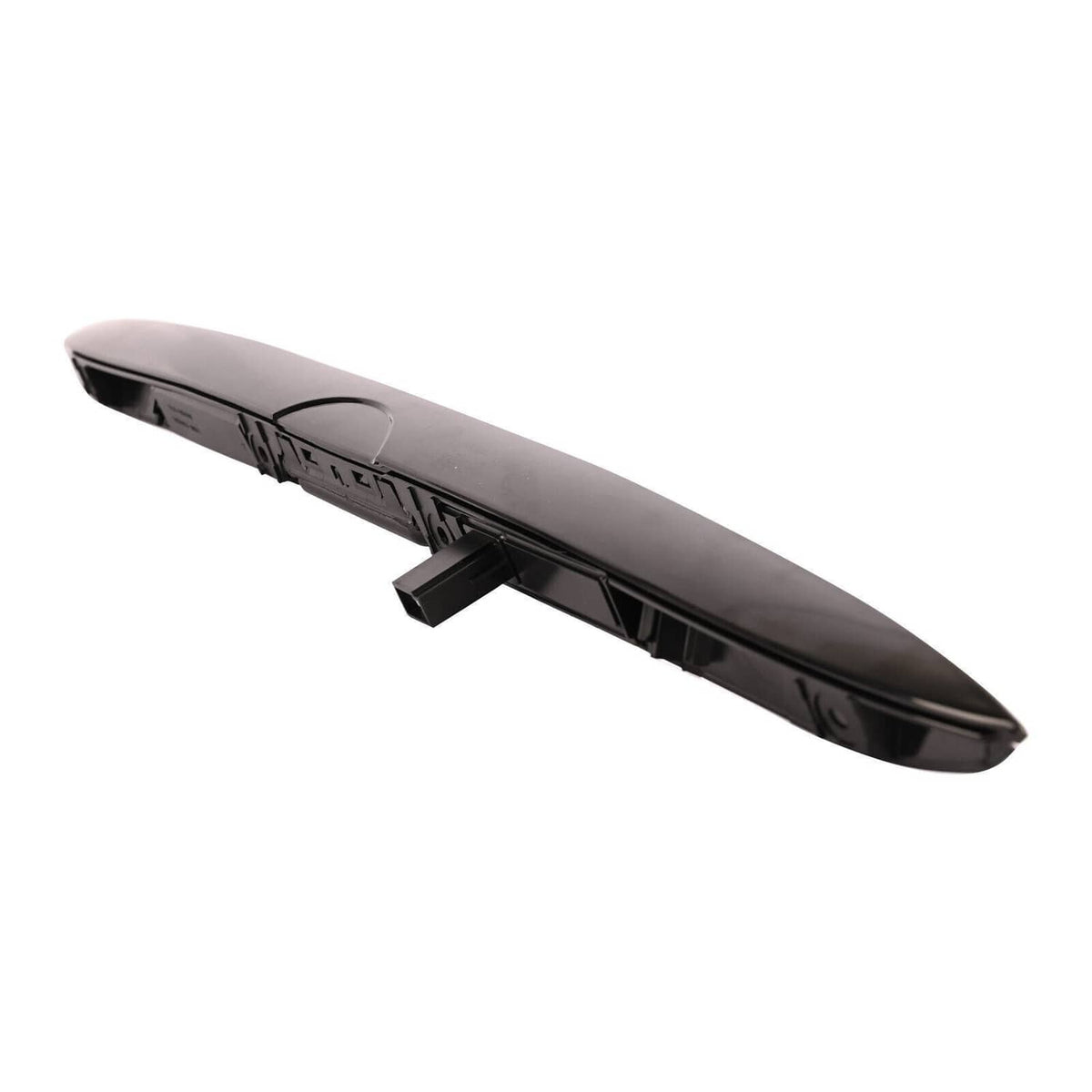 Black tailgate grip handle trim end view with mounting tab and light housing