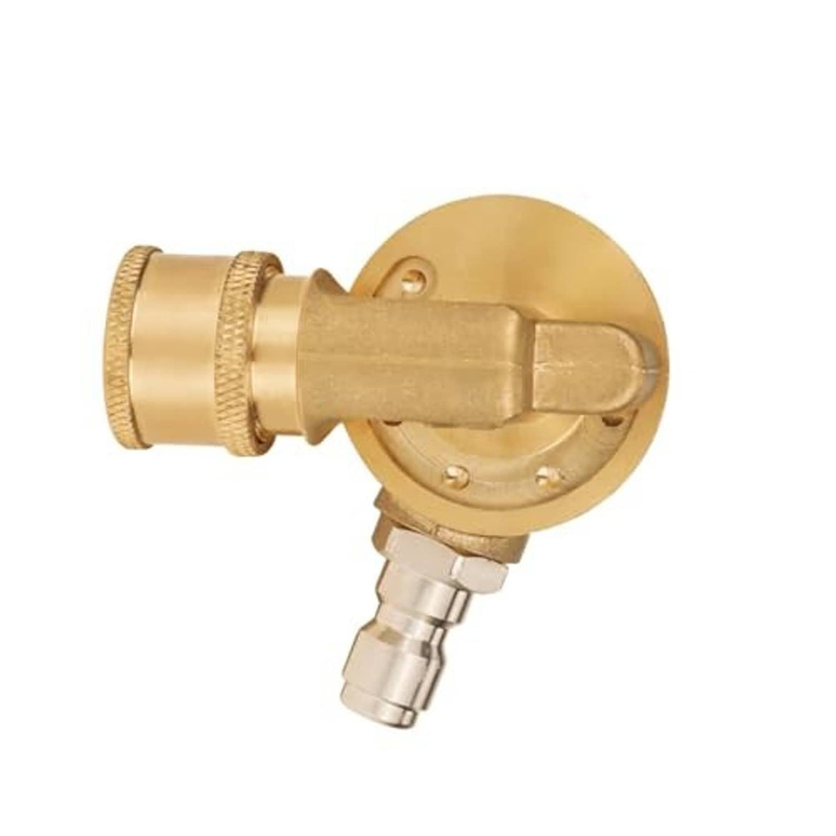 Brass 1/4 quick-connect pivoting coupler with angled outlet and locking housing