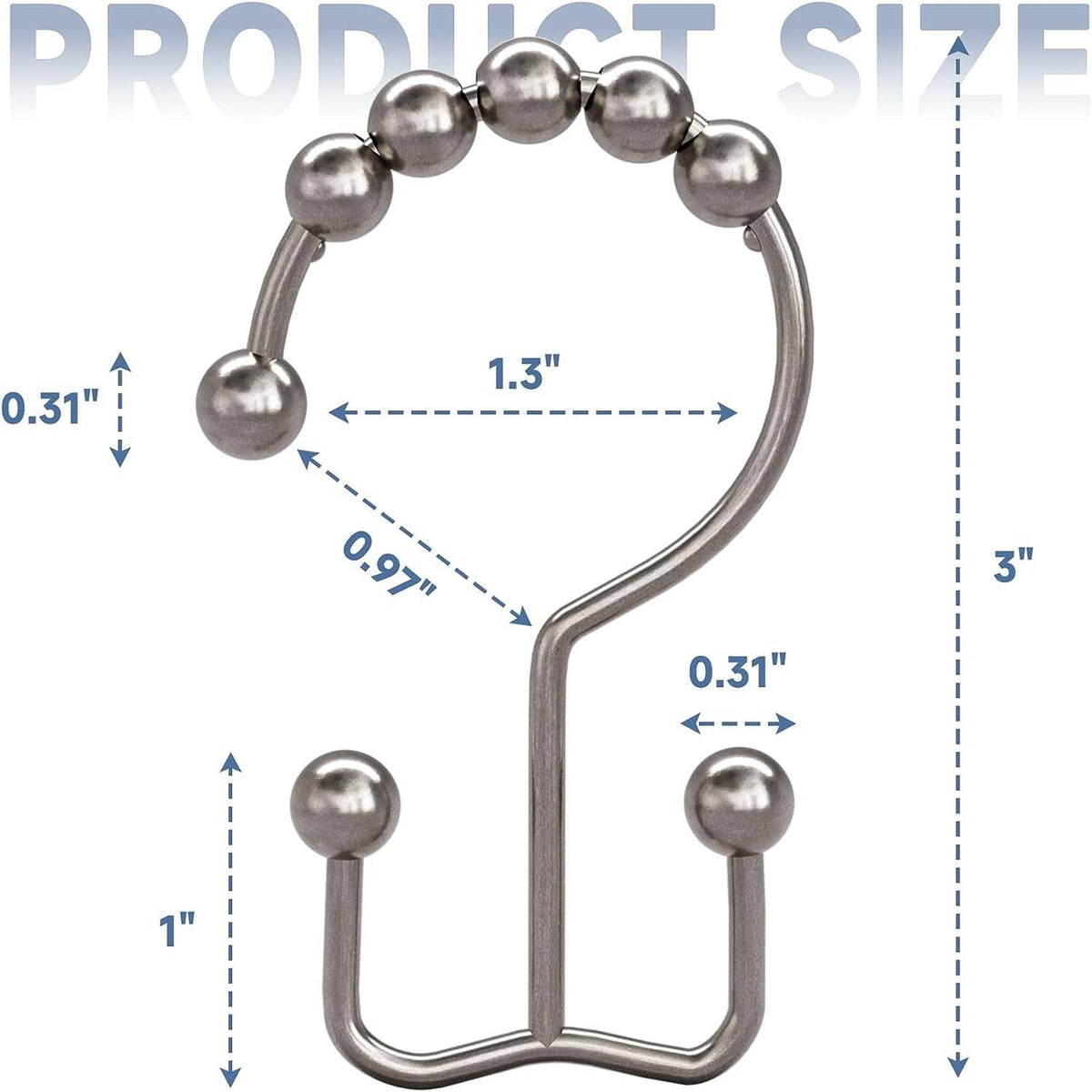 Double-hook ring shower curtain hook with size guide markings