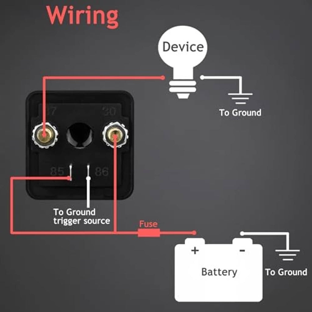 12V DC SPST relay wiring diagram showing ground, battery, fuse, and device connections