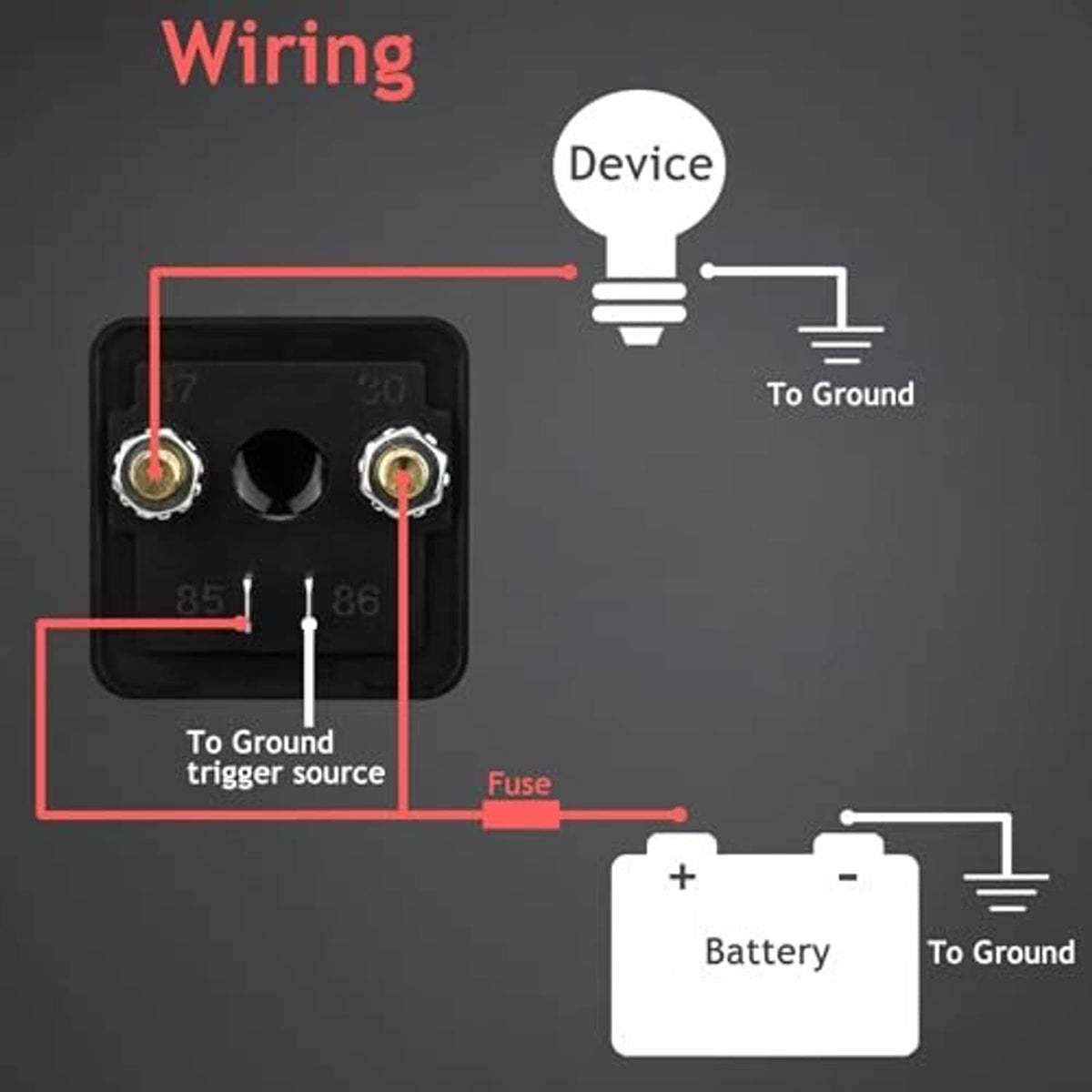 12V DC SPST relay wiring diagram showing ground, battery, fuse, and device connections