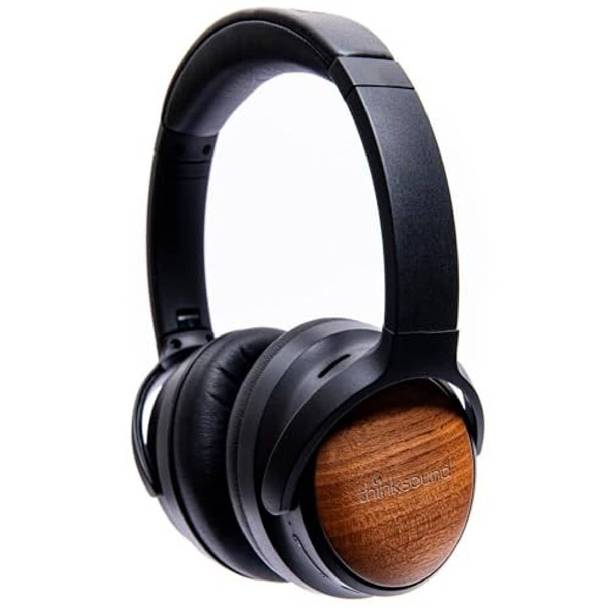 Black over-ear headphones with padded ear cushions and wooden ear cups