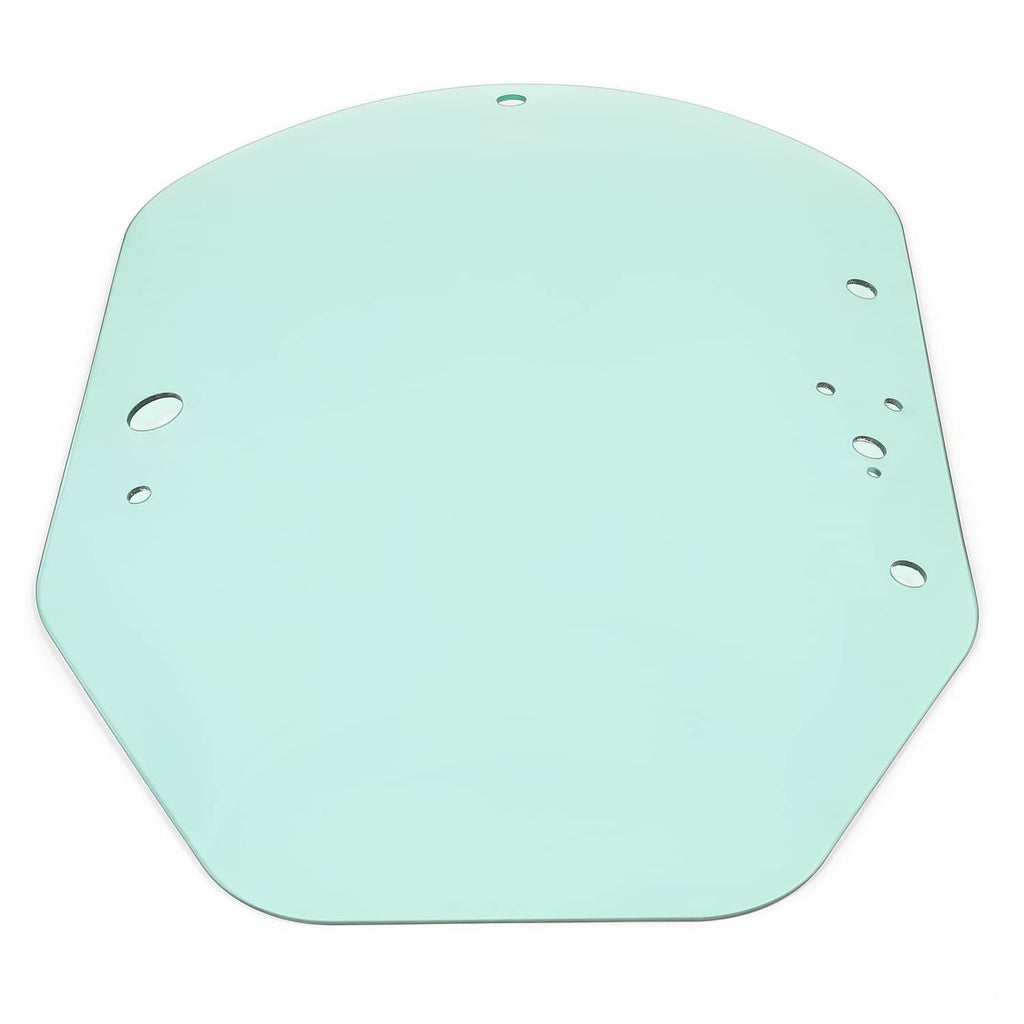 Rounded cab door glass panel with several mounting holes and smooth glass surface.