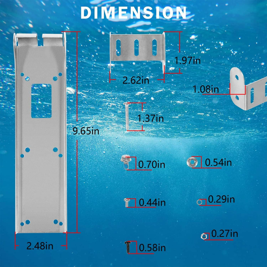Transom mount bracket dimension diagram with mounting tabs and measured sizes