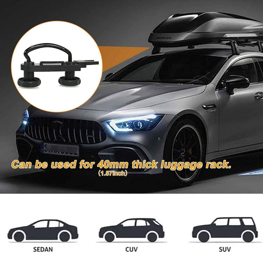 Black U-bolt clamps for roof box mounting on a car roof rack
