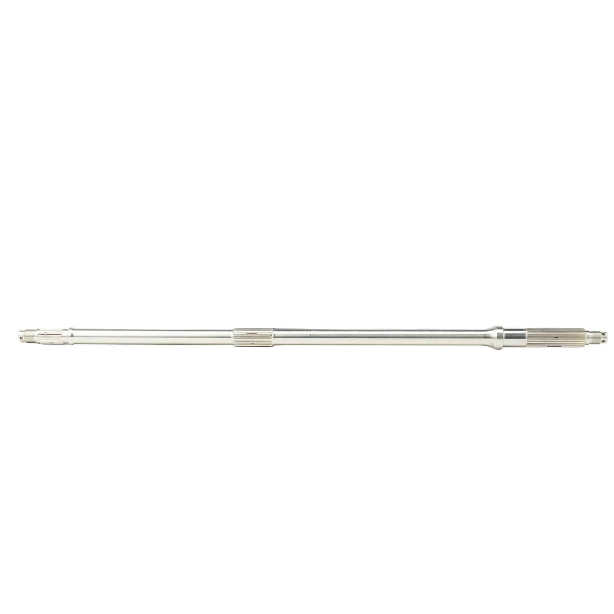 Long metal axle shaft with splines and end sections, silver finish