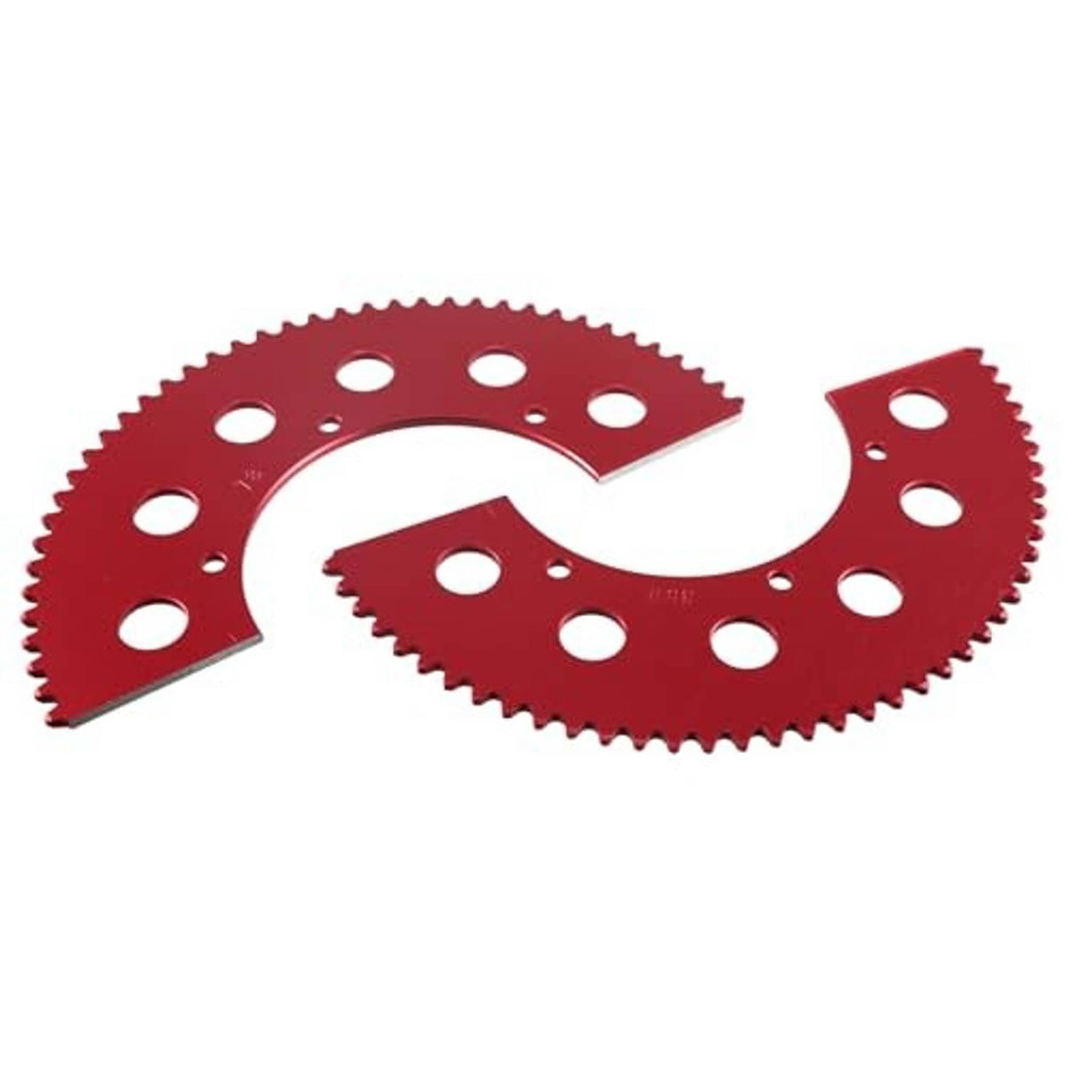 Red split sprocket with 78 teeth and bolt holes for chain drive