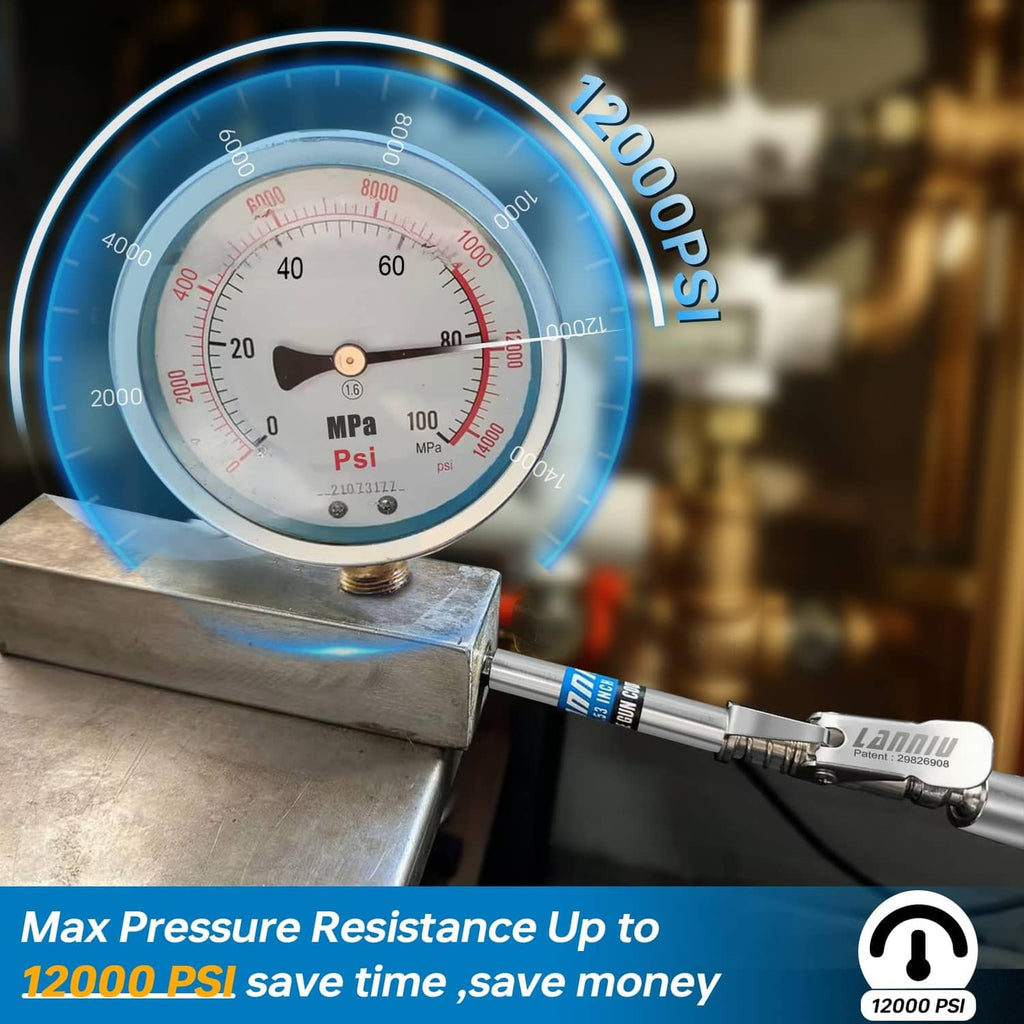 Grease gun coupler connected to a pressure gauge for maximum PSI resistance