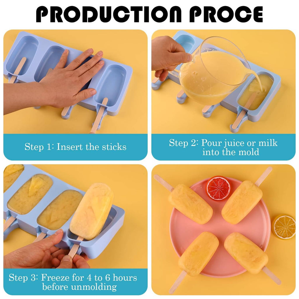 Blue silicone popsicle mold in use: insert sticks, pour juice, freeze, and unmold