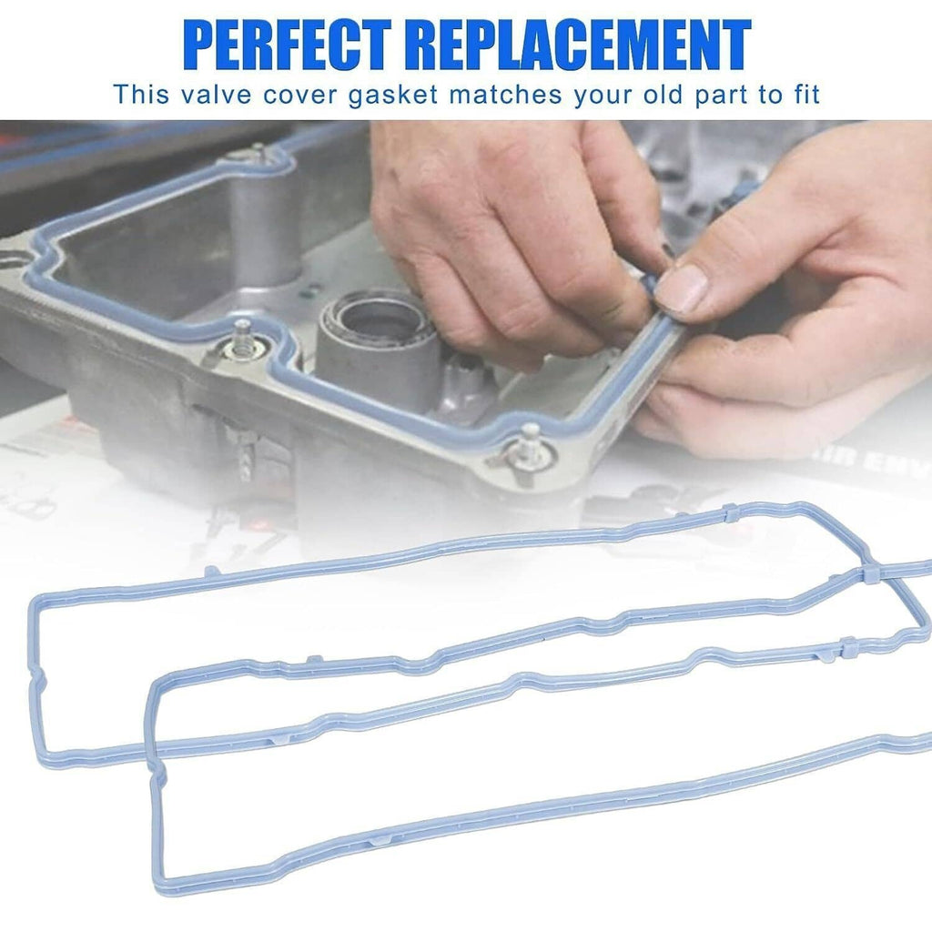 Valve cover gasket kit installation showing a hand fitting a blue gasket onto a cover