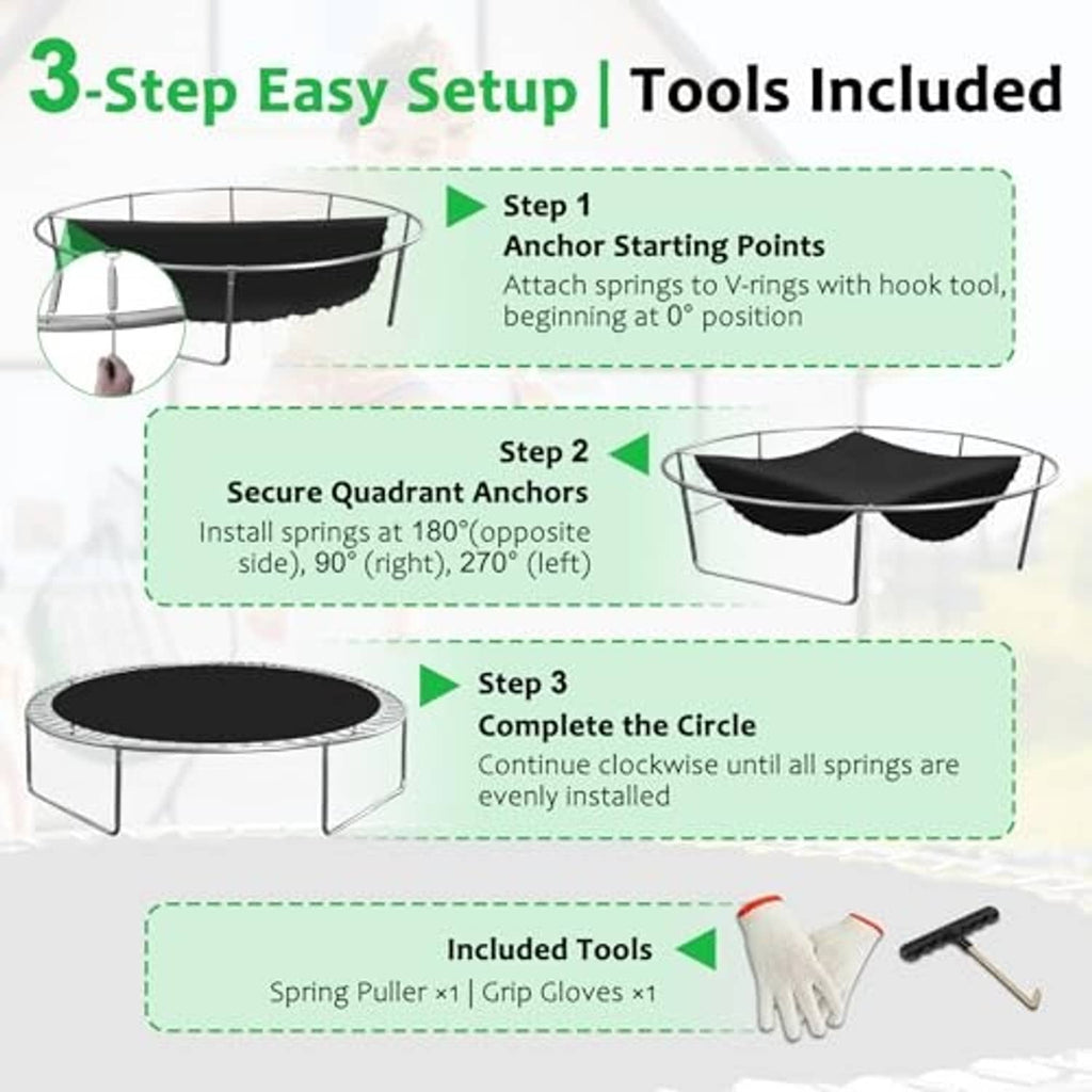 Black trampoline mat on frame with setup steps, spring tool, and grip gloves