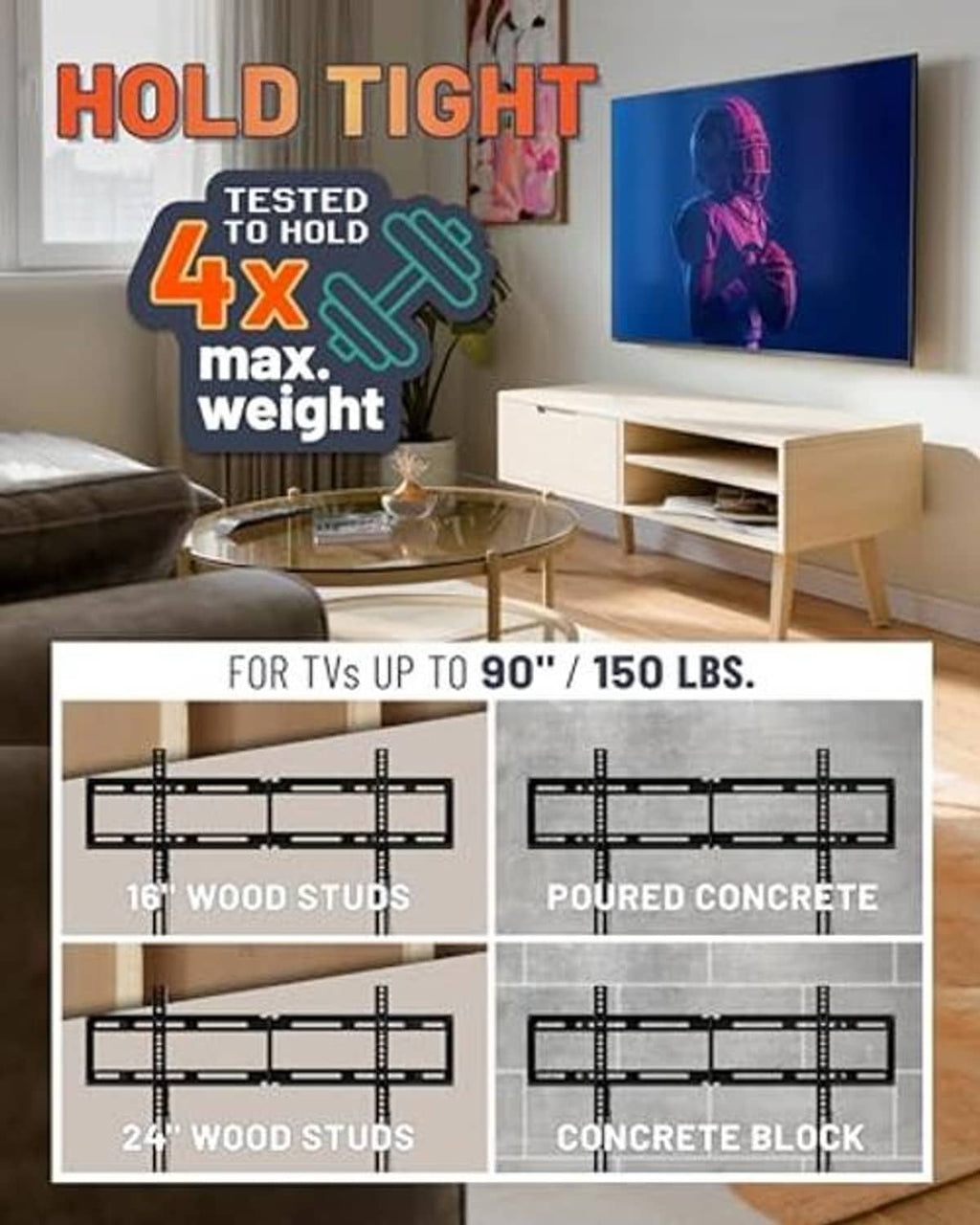 Fixed TV wall mount designed for TVs up to 90 in and 150 lb, black