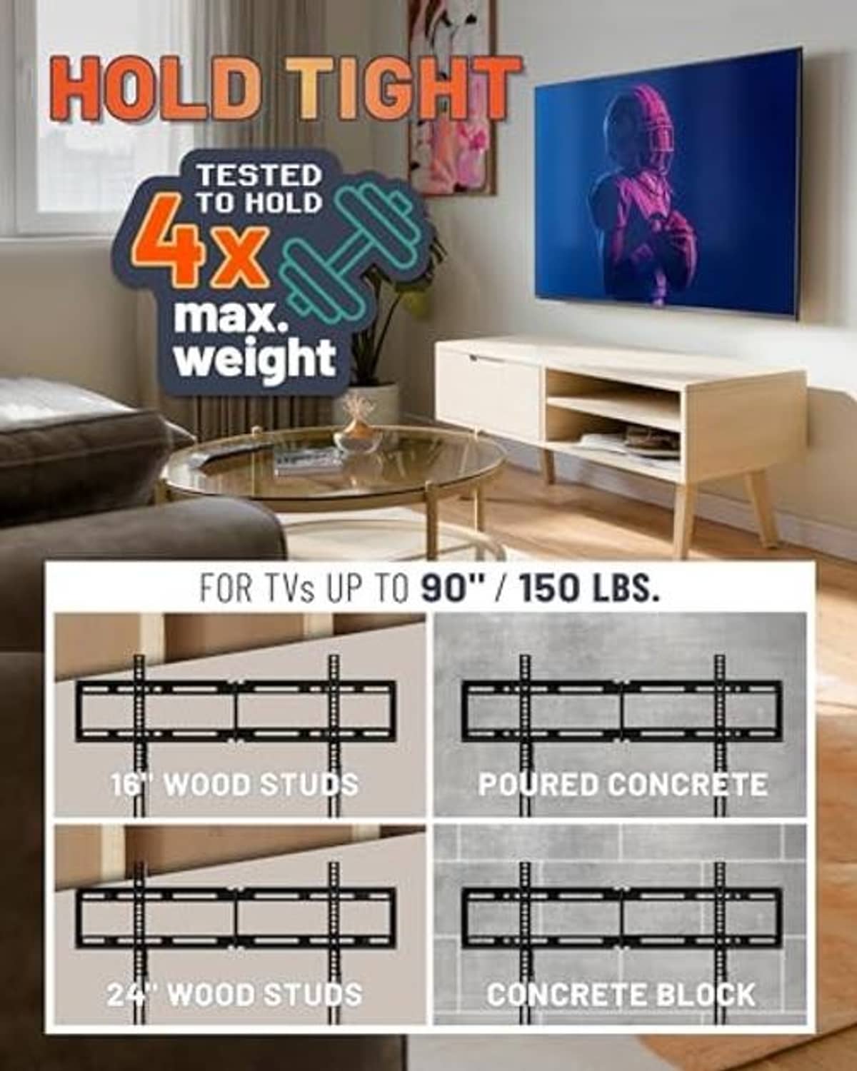 Fixed TV wall mount designed for TVs up to 90 in and 150 lb, black