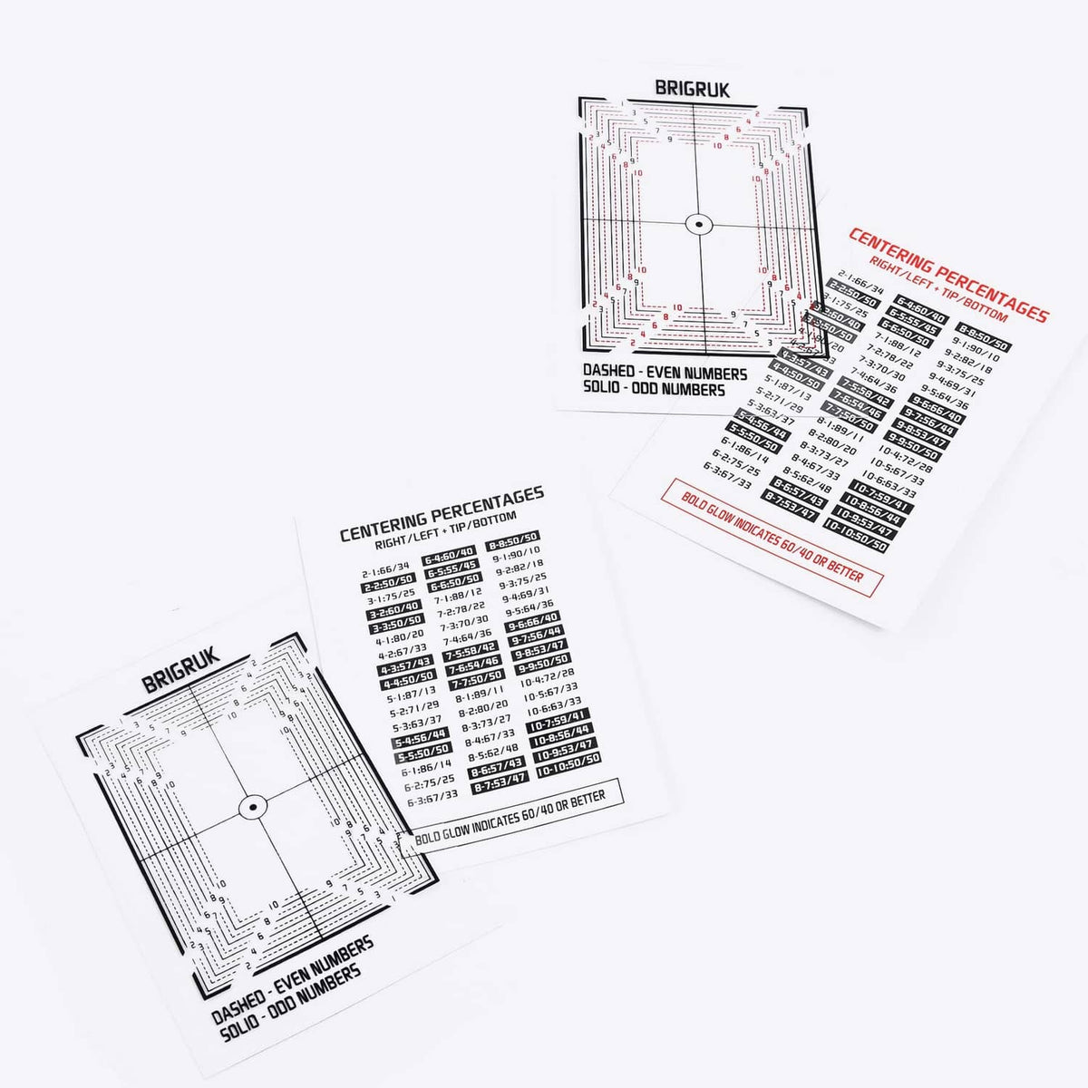 BRIGRUK centering percentage tool cards, multiple sheets spread with right/left charts